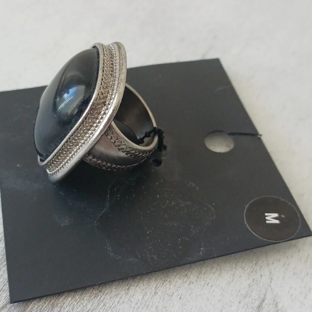 H&M Black Square Fx. Onyx and Dark Grey Statement Ring Sz. M - Picture 3 of 7